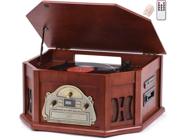 10-in-1 Record Player, Nostalgic Turntable for Vinyl Record with Bluetooth, 2 Built-in Speakers, CD, Cassette, AM/FM Radio, USB, SD Slot, Remote...