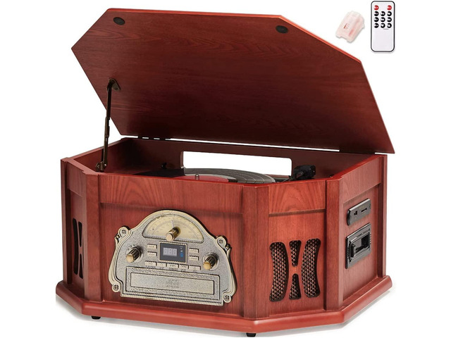 10-in-1 Record Player, Nostalgic Turntable for Vinyl Record with Bluetooth, 2 Built-in Speakers, CD, Cassette, AM/FM Radio, USB, SD Slot, Remote...