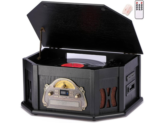 10-in-1 Record Player, Nostalgic Turntable for Vinyl Record with Bluetooth, 2 Built-in Speakers, CD, Cassette, AM/FM Radio, USB, SD Slot, Remote...
