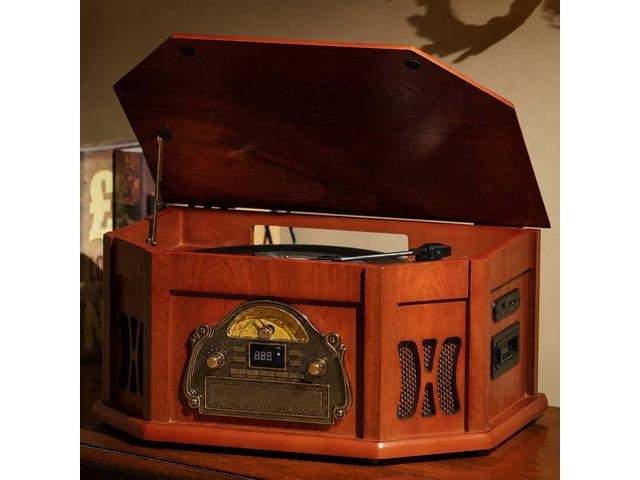 10-in-1 Vintage Record Player with Bluetooth, CD, Cassette & Radio vinyl, CD, cassette, Bluetooth, FM/AM radio, 10 in one vintage wooden record...