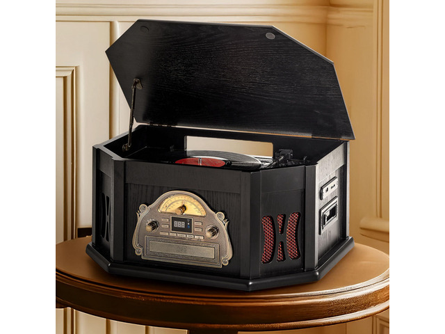 10-in-1 Vintage Record Player with Bluetooth, CD, Cassette & Radio vinyl, CD, cassette, Bluetooth, FM/AM radio, 10 in one vintage wooden record...
