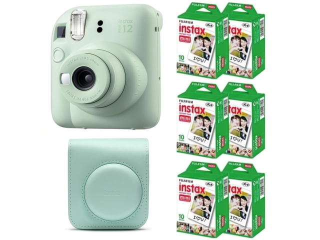 Instax Mini 12 Instant Film Camera (Mint Green) w/Case + Extra Film