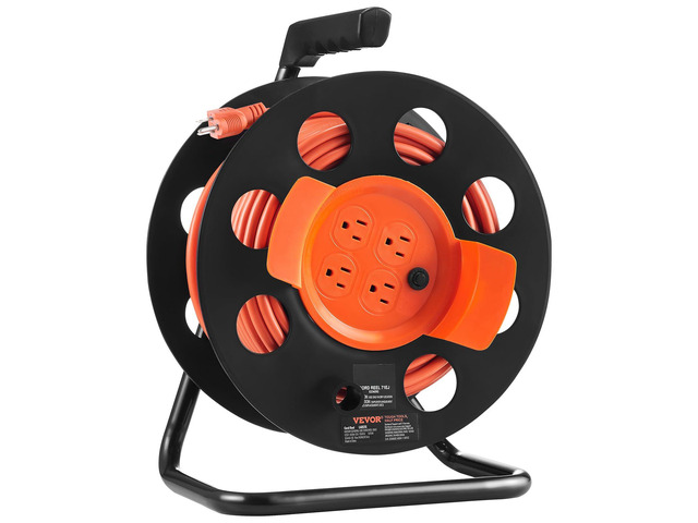 100FT Retractable Extension Cord Reel, with 4 Outlets and Dust Cover, Heavy Duty 12AWG SJTOW Power Cord, Portable Handle and Safety Overload...