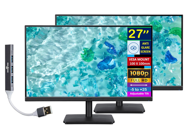 27' FHD IPS Monitor with 4ms Response Time (2-Pack) Anti Glare, VESA Mount (100mm), VGA, HDMI, & Dockztorm Hub, Black Color