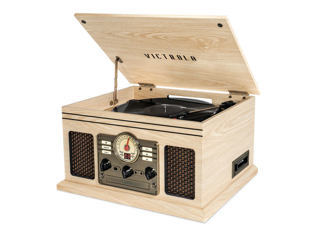 Quincy - 6-in-1 Bluetooth Record Player - Natural Plays vinyl, CD, cassette and FM radio through built-in stereo speakers, Bluetooth and aux...