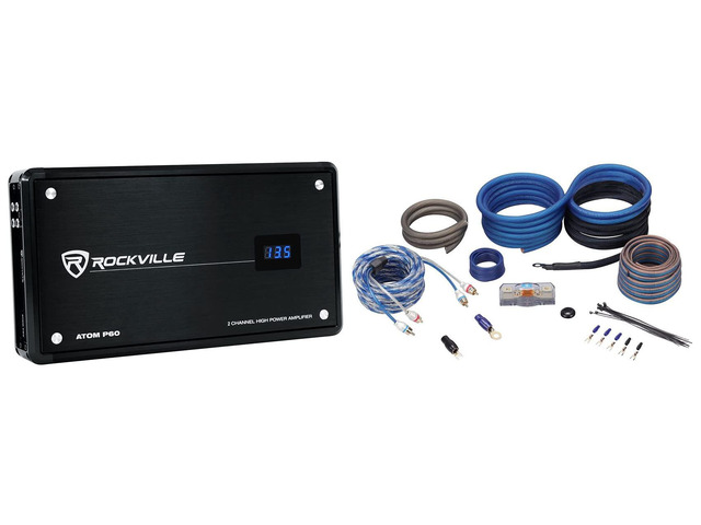 Atom P60 2-Channel ATV Car Amplifier with RWK4CU Wiring Kit 4800W Peak / 1200W RMS Bridged, 2-Ohm Stable, HPF/LPF, Bass EQ, Voltage Meter, 4 AWG...