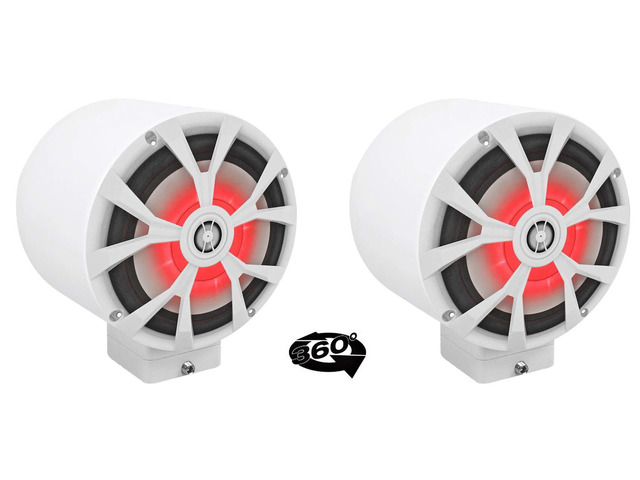 RKL80MW White 8' LED Marine Boat Speaker Pair with MAC80W Pods 900W Peak Pair, White 7.7' 6061 Aluminum Enclosures, 2 MAC360W 360Â° Surface...