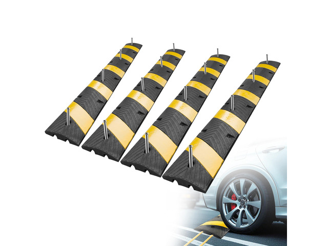 72' Heavy Duty Rubber Speed Bumps (4 Pack) - Cable Protector Ramp for Driveway Asphalt Concrete Gravel with Bolt Spikes Anchors for Parking Lot,...