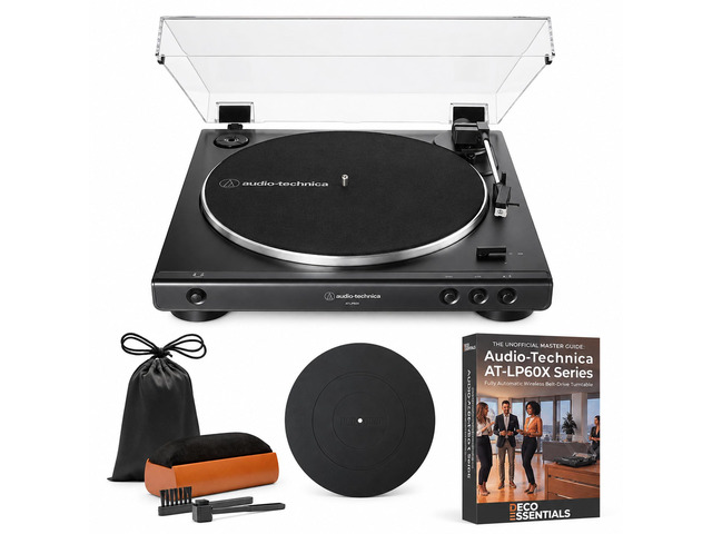 AT-LP60X-BK Fully Automatic Belt-Drive Stereo Turntable 33-1/3 & 45 RPM - Black Bundle with Deco Gear Master Guide, Vinyl Record Cleaning Kit, 12'...