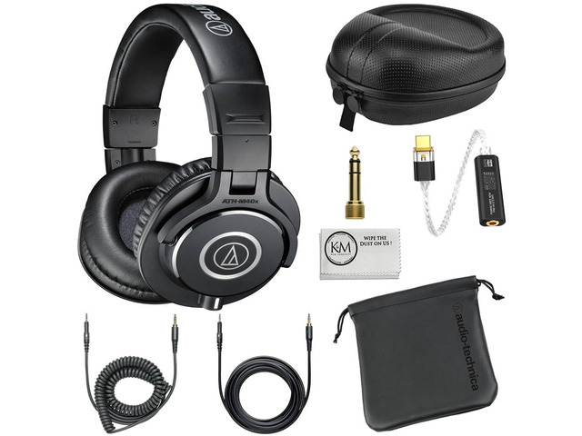 ATH-M40x Professional Monitor Headphones (Black) Bundle with USB-C Headphone Adapter w/Built-in DAC + Headphone Case + Cleaning Cloth (4 Items)