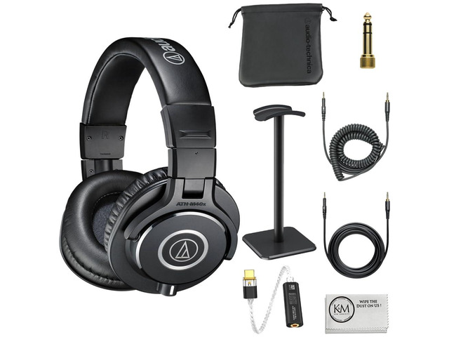 ATH-M40x Professional Monitor Headphones Bundle with Black Ear Headphones Stand + USB-C Headphone Adapter w/DAC + Cleaning Cloth (4 Items)