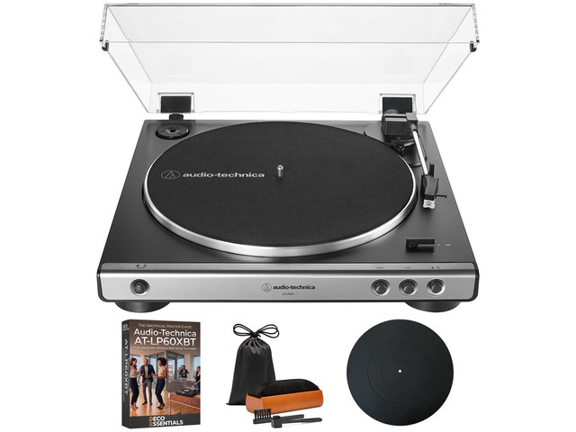 AT-LP60X-GM Fully Automatic Belt-Drive Turntable 33-1/3 & 45 RPM -Gunmetal/Black Bundle with Deco Gear Master Guide, Vinyl Record Cleaning Kit, 12'...