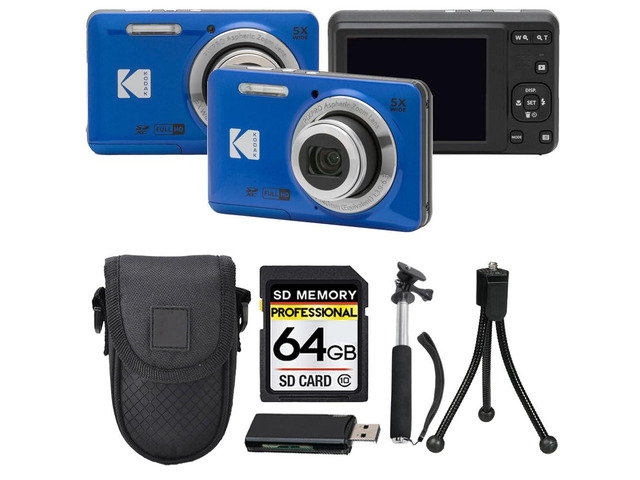 PIXPRO FZ55 Digital Camera, 16MP Compact Point & Shoot, 5X Optical Zoom, 28mm Wide Angle Lens, 1080P HD Video, Blue + 64GB SD Card, Case, Selfie...