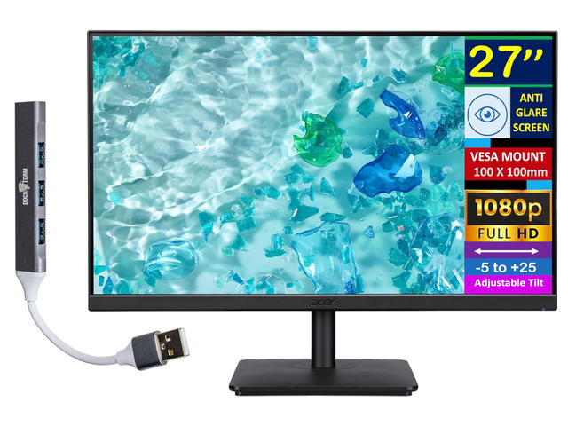 27' FHD IPS Monitor with 4ms Response Time Anti Glare, VESA Mount (100mm), VGA, HDMI, & Dockztorm Hub, Black Color