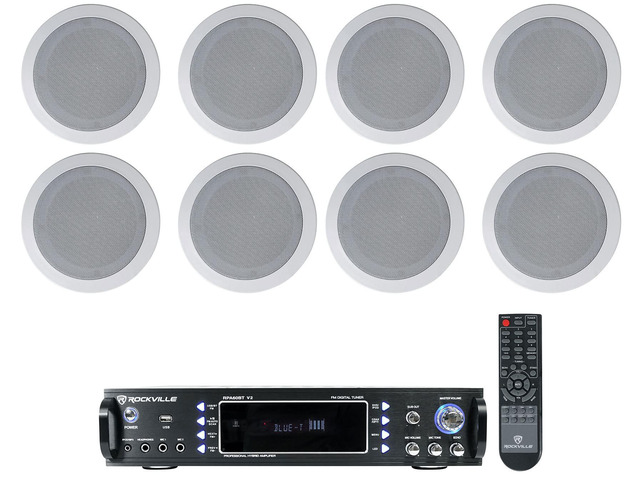 RPA60BT V2 Commercial Bluetooth Amp with 8 HC55-16 Speakers 1000W Peak / 250W RMS, Bluetooth, Optical/Coaxial/RCA Inputs, 8 White 5.25' Ceiling...
