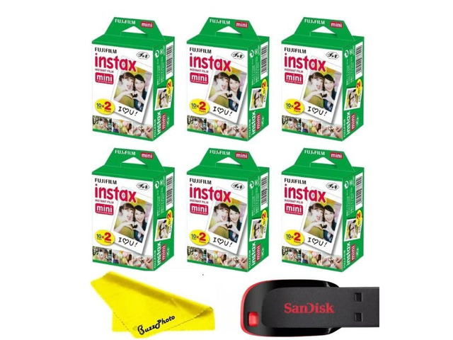 Instax Mini Instant Camera Film with Sandisk 32 GB USB Flash Drive + 6 x Mini Twin Packs (120 Sheets) and Buzz-Photo Microfiber Cleaning Cloth