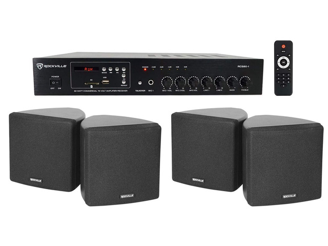 RCS80-1 70V Commercial Audio Bundle with 2 Pair Cube Speakers 60W, Bluetooth, USB/SD, FM, 2 RCA AUX, 2 Mic Inputs, 4 Black 3.5' Swivel Wall...