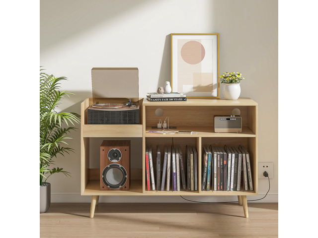 Record Player Stand with Charging Station & USB Ports, Mid-Century Turntable Stand Table Holds Up to 300 Albums, Vinyl Record Storage Cabinet with...