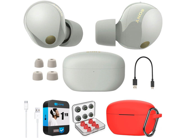 WF-1000XM5 Industry Leading Noise Canceling Truly Wireless Earbuds (Silver) Bundle with Silicone Case (Red), Memory Foam Ear Tips, USB-A to USB-C...