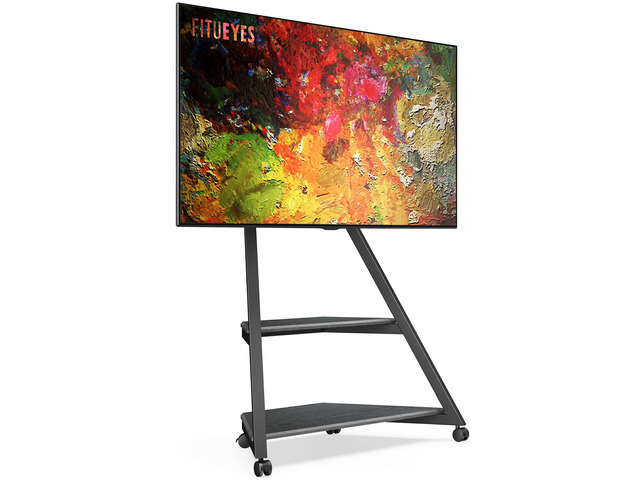 Corner TV Stand with Wheels for 43 55 65 70 75 Inch TV, Black TV Cart Floor Stand, Modern TV Stand with Wooden Storage Shelves, Eiffel Series