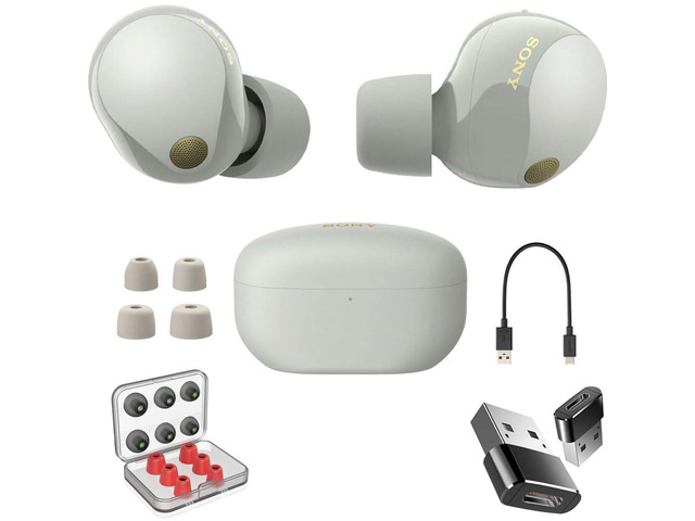 WF1000XM5/S Industry Leading Noise Canceling Truly Wireless Earbuds Silver Bundle with 6 Pairs of in-Ear Earbud Tips and Converter Adapter Type C...