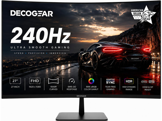 27 240Hz Curved Gaming Monitor, FHD 1080p 1500R VA Display, HDR, 99% sRGB, Adaptive Sync, 5ms OD Response, HDMI & DisplayPort, FPS/RTS Modes, PC &...