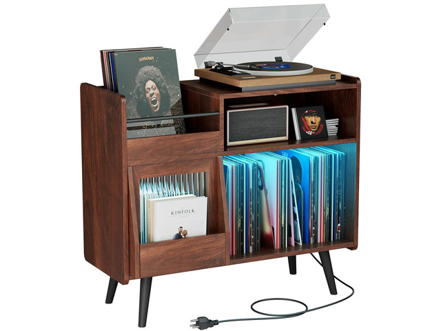 Large Record Player Stand with Sliding Door,350 Vinyl Record Storage Cabinet, Record Player Table with Power Outlet and LED Light,Turntable Stand...