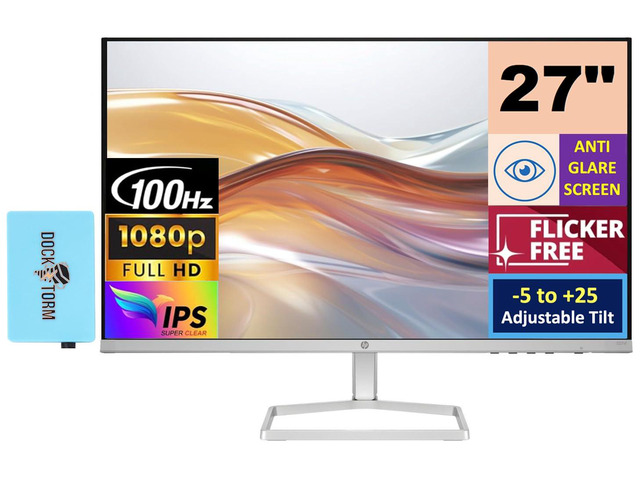 27' Monitor (Replaces M27f) 100Hz IPS FHD Display Flicker-Free, Adjustable Tilt, 1x HDMI 1.4, 1x VGA, Docztorm Hub USB Port Expander, Black/Silver