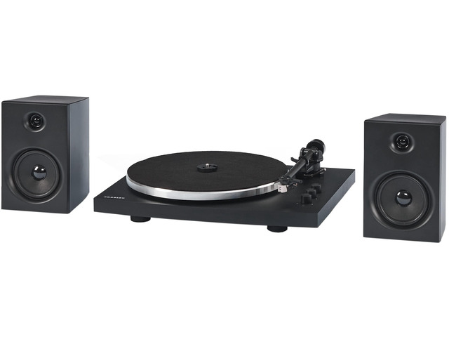T150C-BK Bluetooth Record Player System, Black 2-Speed Turntable, Variable Weighted Tone Arm, Stereo Speakers