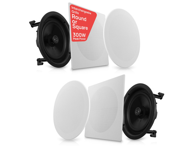 10 In-Ceiling In-Wall Speakers (Pair) 2-Way Flush Mount Home Audio System, 300W Stereo Sound, Quick Connect, Changeable Round/Square Grills,...