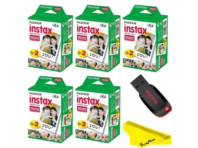 Instax Mini Instant Camera Film with Sandisk 32 GB USB Flash Drive + 5 x Mini Twin Packs (100 Sheets) and Buzz-Photo Microfiber Cleaning Cloth