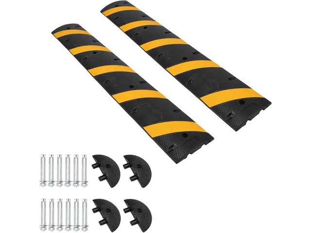 7FT Rubber Speed Bump 2 Pack, 84' Heavy Duty Speed Humps with End Caps 25,000lbs Capacity, Driveway & Parking Lot Traffic Calming, Low Car...