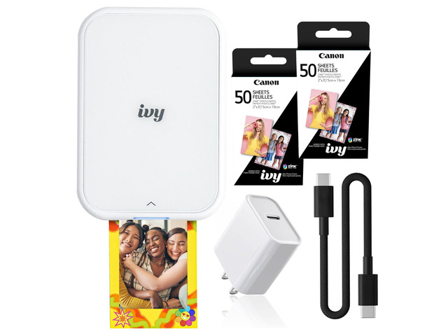 Ivy 2 Mini Photo Printer Pure White Travel Accessory Bundle For iOS & Android, ZINK 2x3 Sticky-Back Photo Prints, Compact Travel Size Bluetooth...
