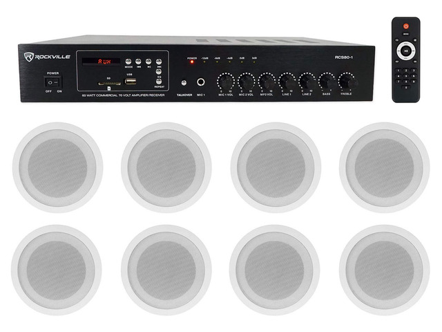 RCS80-1 70V Commercial Amp Bundle with 8 CCL5T White Speakers 60W RMS, 5' Ceiling, Adjustable Tap 5W/2.5W/1.25W, Bluetooth, USB/SD, 2 Mic Inputs,...