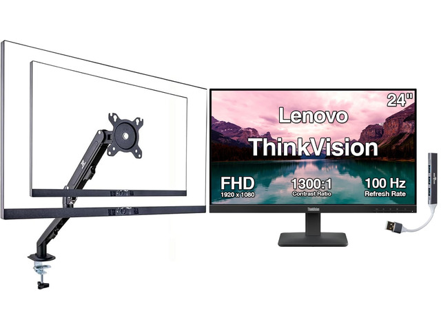 ThinkVision 24' FHD IPS Monitor w/ 100 Hz Refresh Rate, VESA Mount 4ms Response Time, Flicker Free, Anti-Glare, HDMI w/ DKZ USB Hub, Black &...