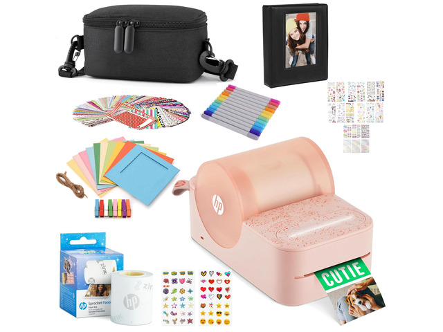 Sprocket Panorama Instant Portable Color Label & Photo Printer (Pink) Gift Bundle with case, Zink roll, Photo Album, Markers, Stickers and Frames