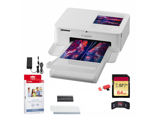 SELPHY CP1500 Compact Photo Printer Accessory Reader (White) Bundle For Home & Office Printing + 64GB Memory Card + Cleaning Kit + Card Reader +...