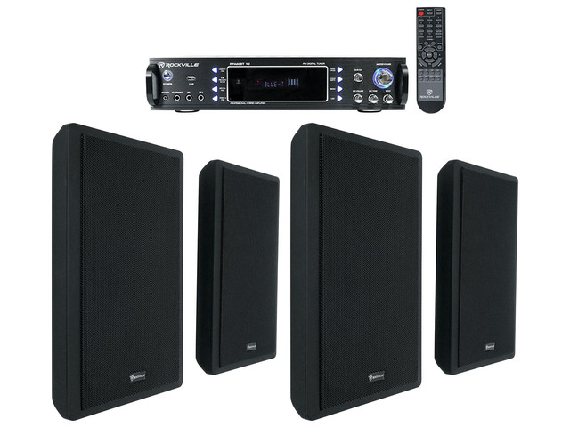 RPA60BT V2 Commercial Bluetooth Receiver with 4 Wall Speakers 1000W Peak / 250W RMS, Bluetooth, Optical/Coaxial/RCA Inputs, 2 Mic Inputs, 4 Black...