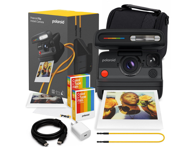 Flip Instant Camera in Black with 4-Lens System + 16 Film Bundle Instant Camera for Travel, Parties & Creative Photography, Sonar Autofocus,...