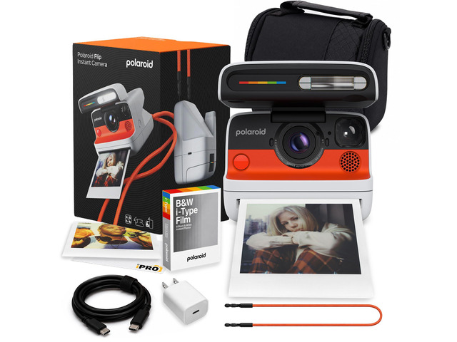 Flip Instant Camera in White with 4Lens System + 8 B & W Film Bundle Instant Camera for Travel, Parties & Creative Photography, Sonar Autofocus,...