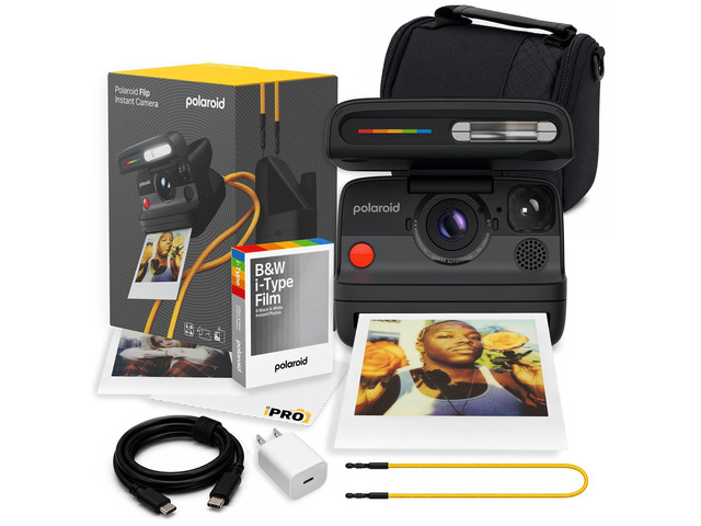 Flip Instant Camera in Black with 4Lens System + 8 B & W Film Bundle Instant Camera for Travel, Parties & Creative Photography, Sonar Autofocus,...