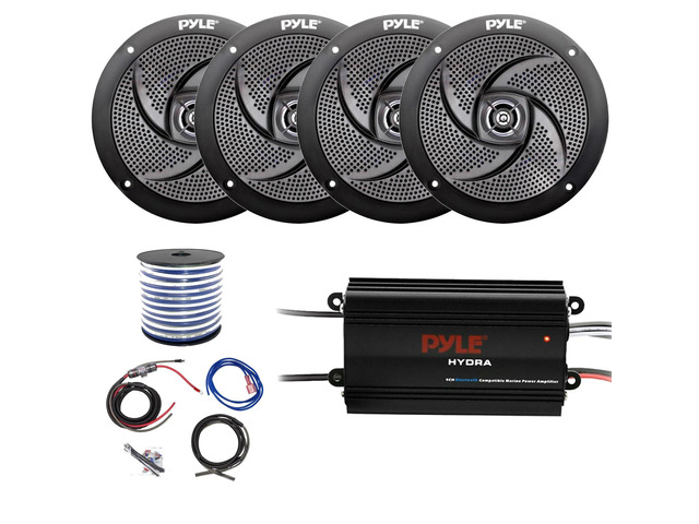 Marine 4-Channel Bluetooth Waterproof Amplifier Bundle Combo with 4X 6.5 Waterproof Weather Resistant 240W Peak Black Audio Speakers, Amp Install...