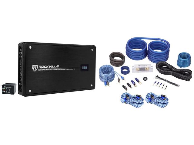 Krypton F5 5 Channel Car Amplifier Bundle with RWK21 Amp Kit 3200W Peak / 800W RMS, Class AB/D MOSFET, Bass Knob with Clip Indicator, Digital...