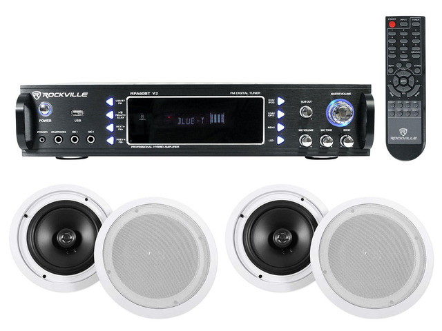 RPA60BT V2 Home Theater Receiver with 4 HC85 Ceiling Speakers 1000W Peak / 250W RMS, Bluetooth, Optical/Coaxial/RCA, 4 White 8' HC85 Speakers,...