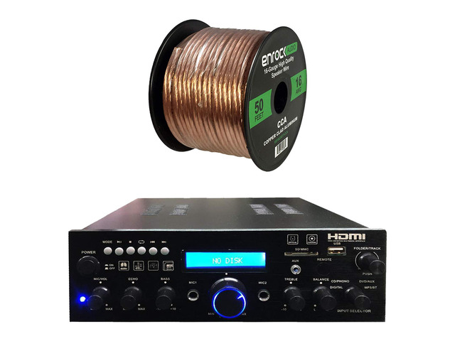 200 Watt Peak Power Compact Wireless Bluetooth USB FM Radio Home Theater Stereo Amplifier Receiver System Bundle Combo with 16 AWG Gauge 50 Feet...