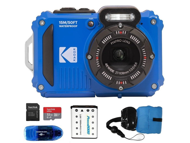 PIXPRO WPZ2 Waterproof Digital Camera Bundle, Includes: SanDisk 32GB MicroSD Memory Card, Spare Battery and More (5 Items) (Blue)
