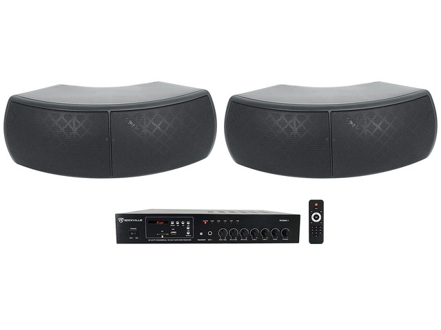 RCS80-1 70V Commercial Receiver with 2 Wet-D4 Black Speakers 60W RMS Receiver, Bluetooth, USB/SD, FM, Dual 4' Indoor/Outdoor 70V Wall Mount...
