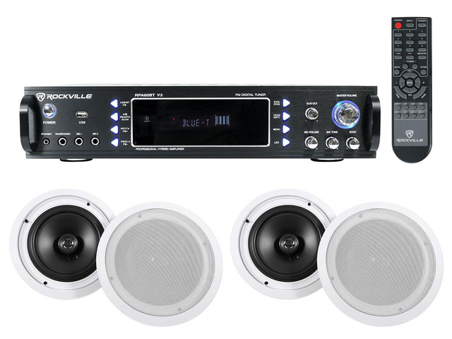 RPA60BT V2 Commercial Audio Amp with 4 HC85 Ceiling Speakers 1000W Peak / 250W RMS, Bluetooth, Optical/Coaxial/RCA Inputs, 4 White 8' Ceiling...