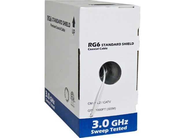 RG6 Standard Shield Bulk Coaxial Cable, White, 1000ft, 75 Ohm, 18AWG, Solid CCS, AL Foil and 60% AL Braid, CM & CL2 Rated