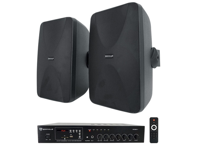 RCS80-1 Restaurant Bluetooth Amplifier with 2 WET-6525B Speakers 60W, 70V, USB/SD, FM Tuner, Dual Mic Inputs, 30W/15W/7.5W/3.75W Taps, IPX55...